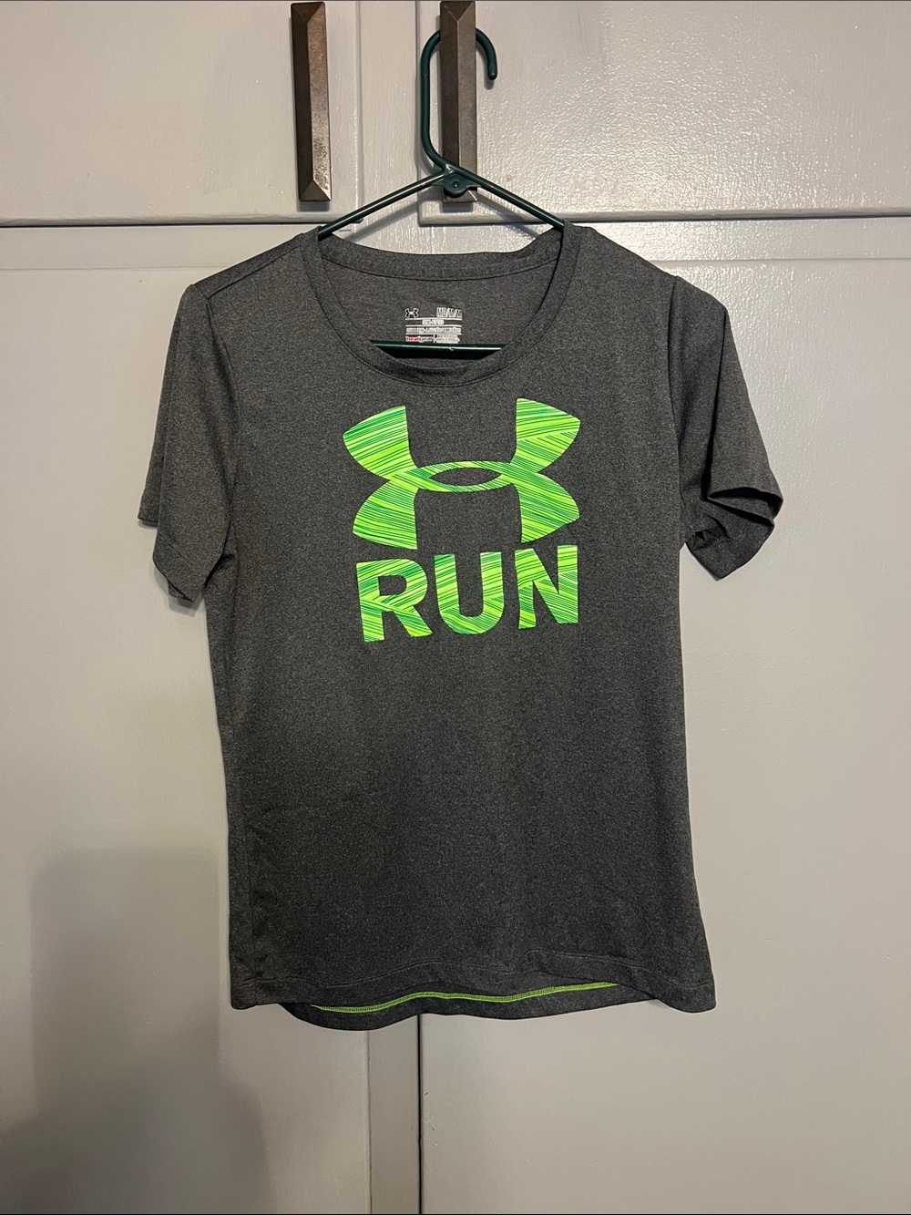Under Armour Dark Gray Short Sleeve Tee with Neon Green RUN Logo